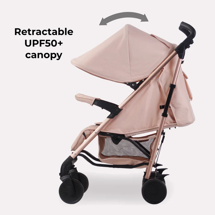 My Babiie MB51 Stroller Rose Gold Blush with retractable UPF50+ canopy on a white background