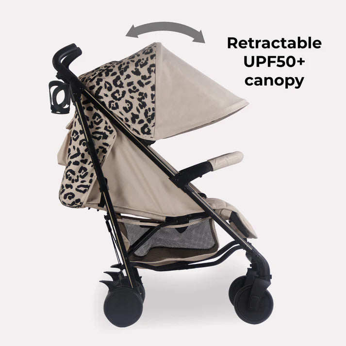 My Babiie MB51 Stroller in Fawn Leopard with a retractable UPF50+ canopy featuring leopard print and beige fabric on a white background.