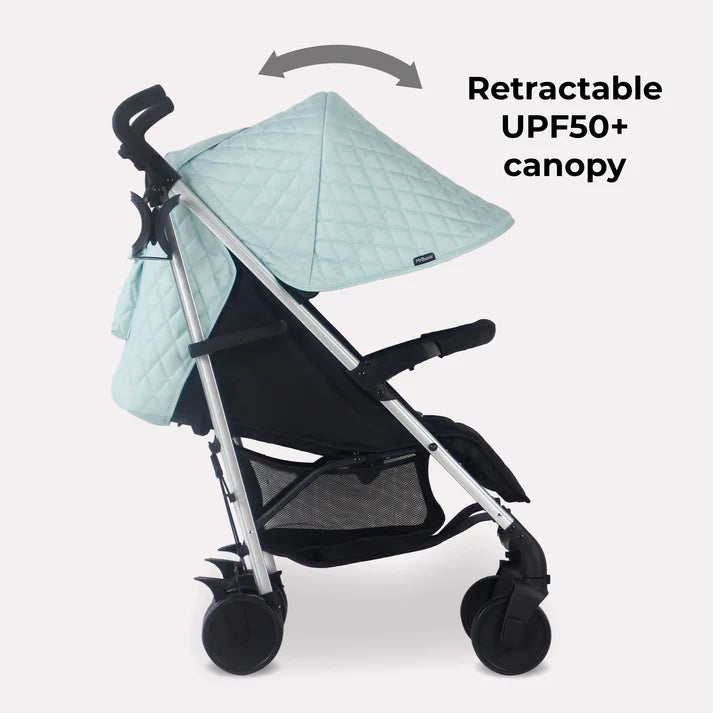 My Babiie MB51 Quilted Aqua Stroller with a retractable light blue canopy on a white background
