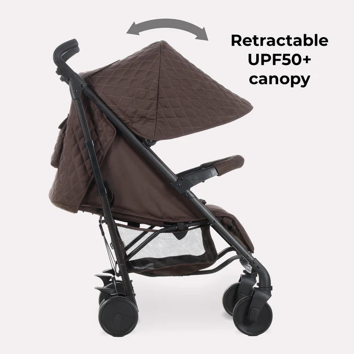 My Babiie MB51 Stroller in Chocolate with a retractable UPF50+ canopy on a white background