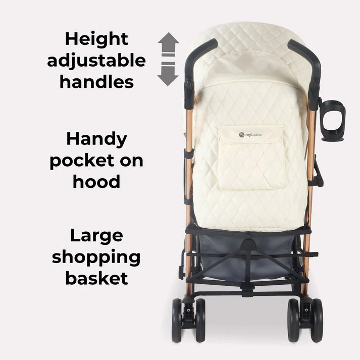 My Babiie MB51 Quilted Champagne stroller with height adjustable handles, handy pocket  large shopping basket