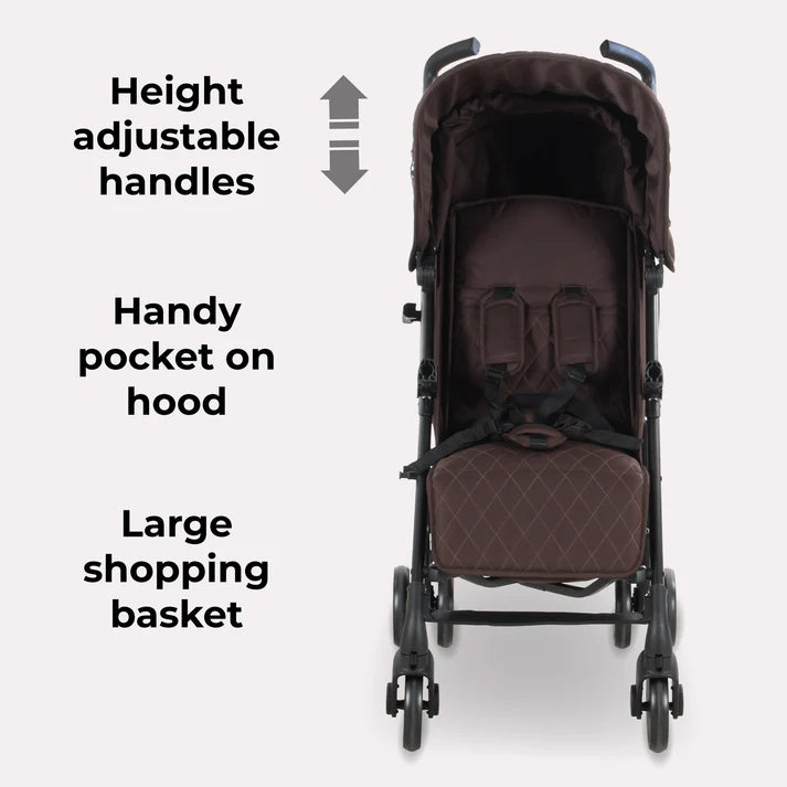 My Babiie MB51 Stroller in Chocolate with height adjustable handles and a large shopping basket on a white background