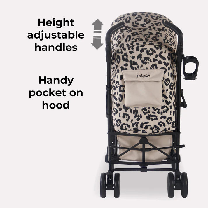 My Babiie MB51 Stroller in Fawn Leopard with height adjustable handles and a handy pocket on the hood, on a white background.