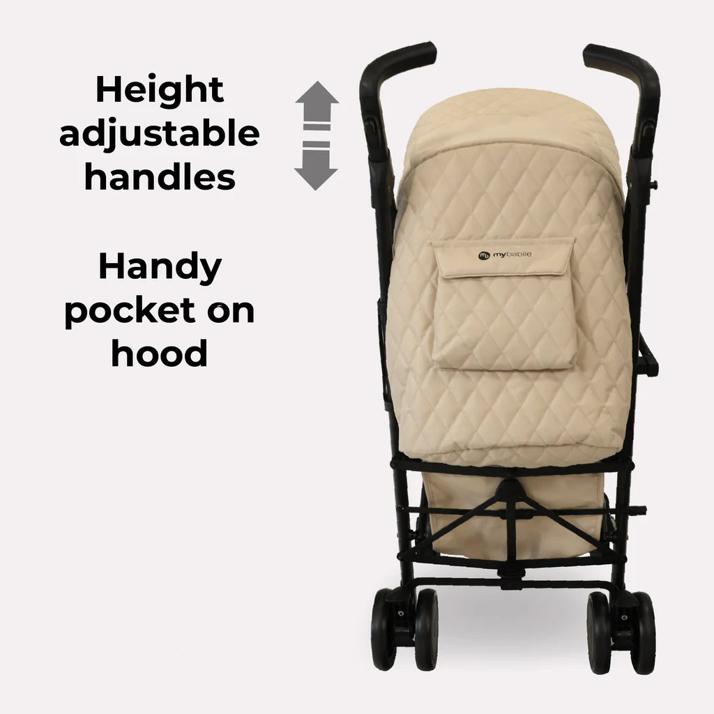 My Babiie MB51 Quilted Sand Stroller with height adjustable handles and a handy pocket on the hood, on a white background.