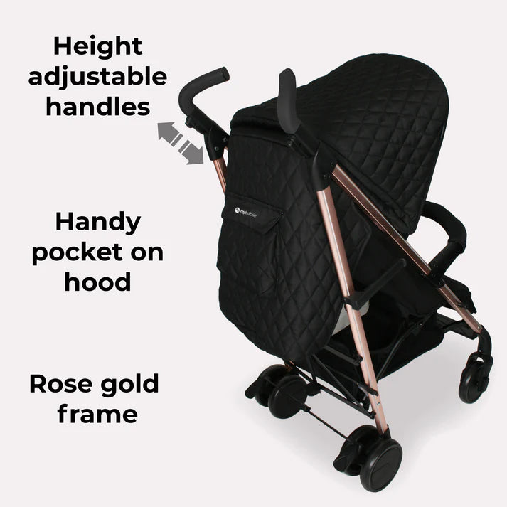 My Babiie MB51 Stroller Quilted Black with rose gold frame, adjustable handles & pocket in hood