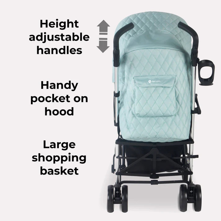 My Babiie MB51 Quilted Aqua Stroller with text highlighting features on a white background