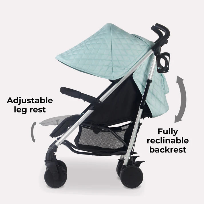 My Babiie MB51 Quilted Aqua Stroller with adjustable leg rest and fully reclinable backrest on a white background