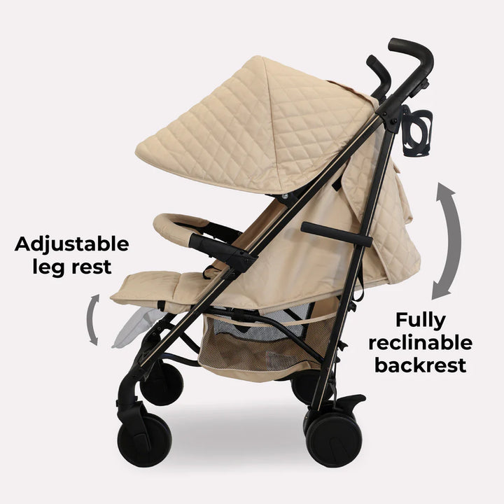 My Babiie MB51 Quilted Sand Stroller with adjustable leg rest and fully reclinable backrest on a white background