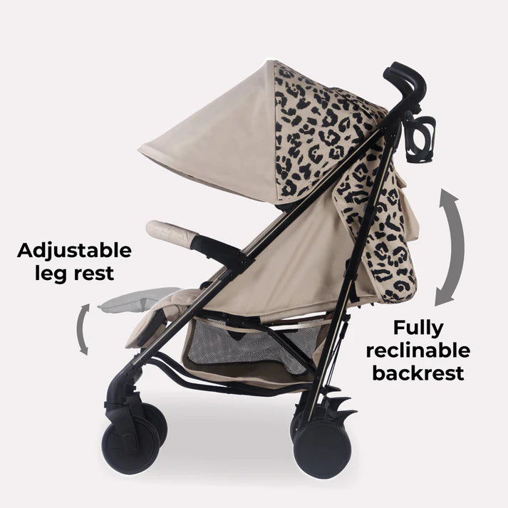 My Babiie MB51 Stroller in Fawn Leopard with adjustable leg rest and fully reclinable backrest on a white background
