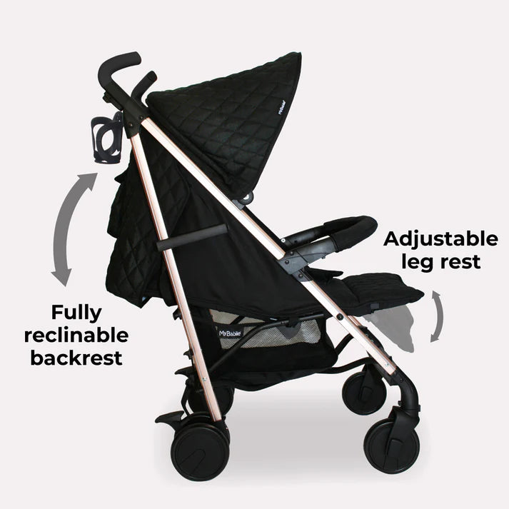 My Babiie MB51 Stroller Quilted Black with fully reclinable backrest and adjustable leg rest on a white background
