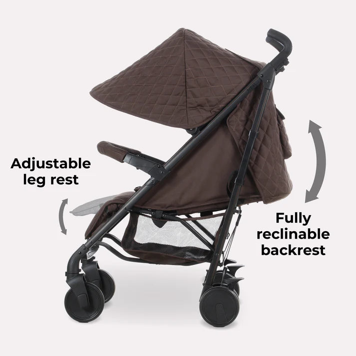 My Babiie MB51 Stroller in Chocolate with adjustable leg rest and fully reclinable backrest on a white background