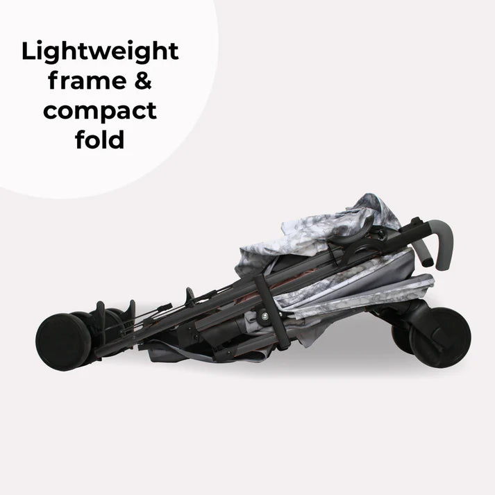 My Babiie MB51 Quilted Champagne Folded stroller with text 'Lightweight frame & compact fold' 