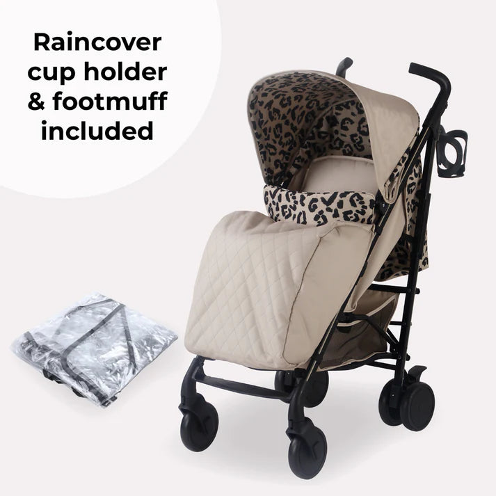 My Babiie MB51 Stroller in Fawn Leopard with raincover, footmuff, and cup holder on a white background.