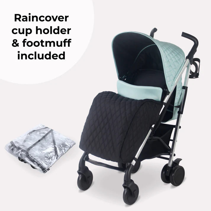 My Babiie MB51 Quilted Aqua Stroller with black footmuff and raincover, cup holder included, on a white background