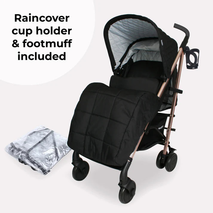 My Babiie MB51 stroller Quilted Black with raincover, cup holder, and footmuff on a white background