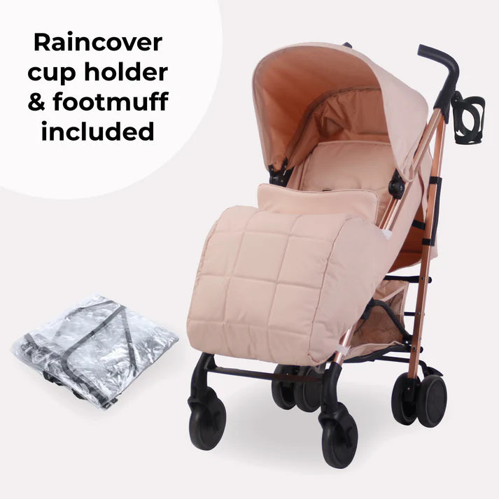 My Babiie MB51 Stroller Rose Gold Blush with raincover, cup holder, and footmuff on a white background