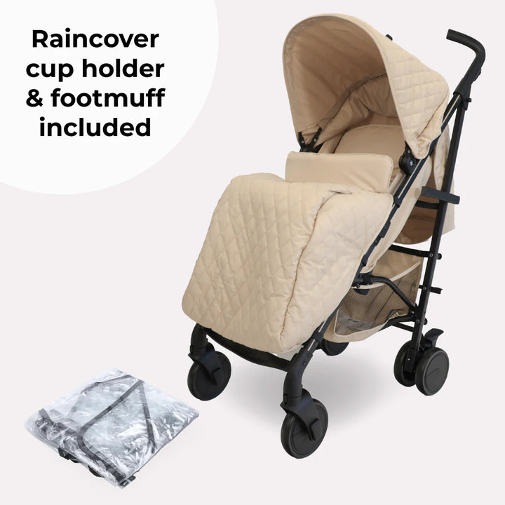 My Babiie MB51 Quilted Sand Stroller with raincover, cup holder, and footmuff on a light gray background