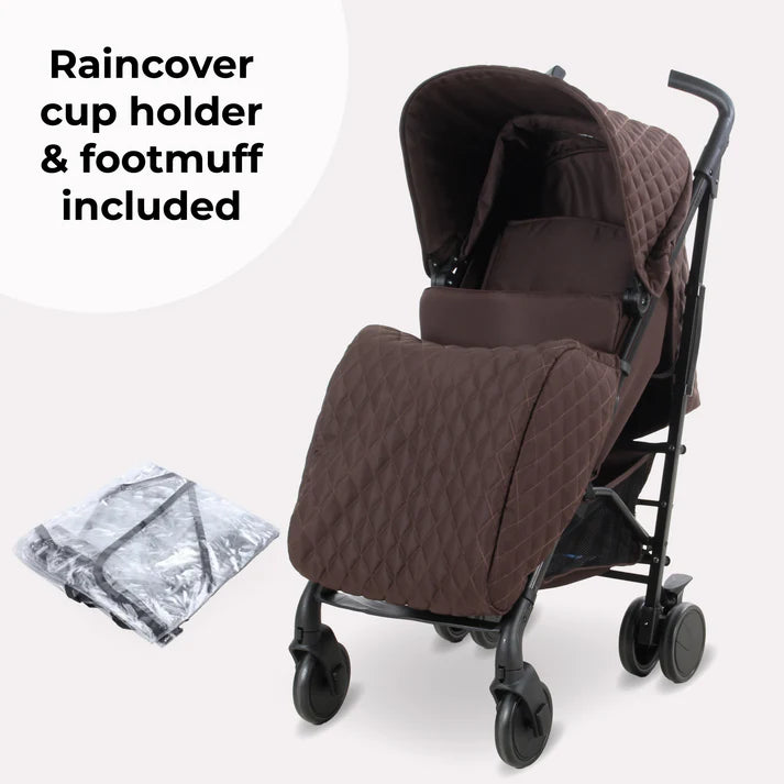 My Babiie MB51 Stroller in Chocolate with raincover, cup holder, and footmuff on a white background