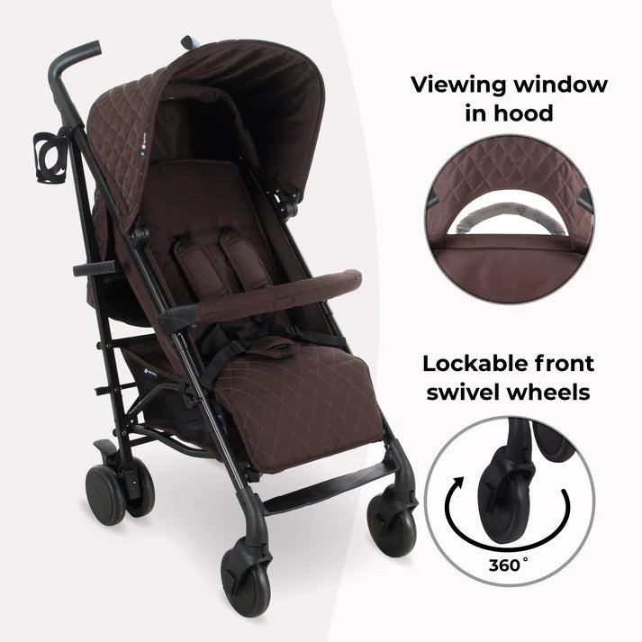 My Babiie MB51 Stroller in Chocolate with features highlighted on a white background