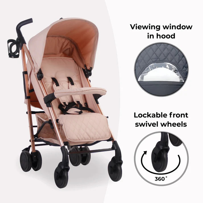My Babiie MB51 Stroller Rose Gold Blush with features highlighted on a white background