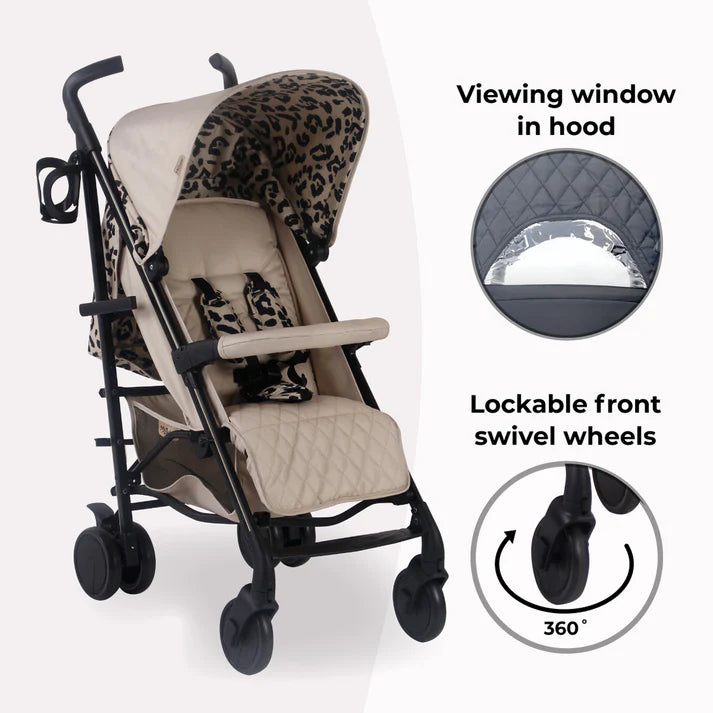 My Babiie MB51 Stroller in Fawn Leopard with features highlighted on a white background