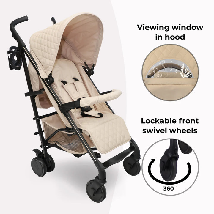 My Babiie MB51 Quilted Sand Stroller with viewing window in hood and lockable front swivel wheels on a white background