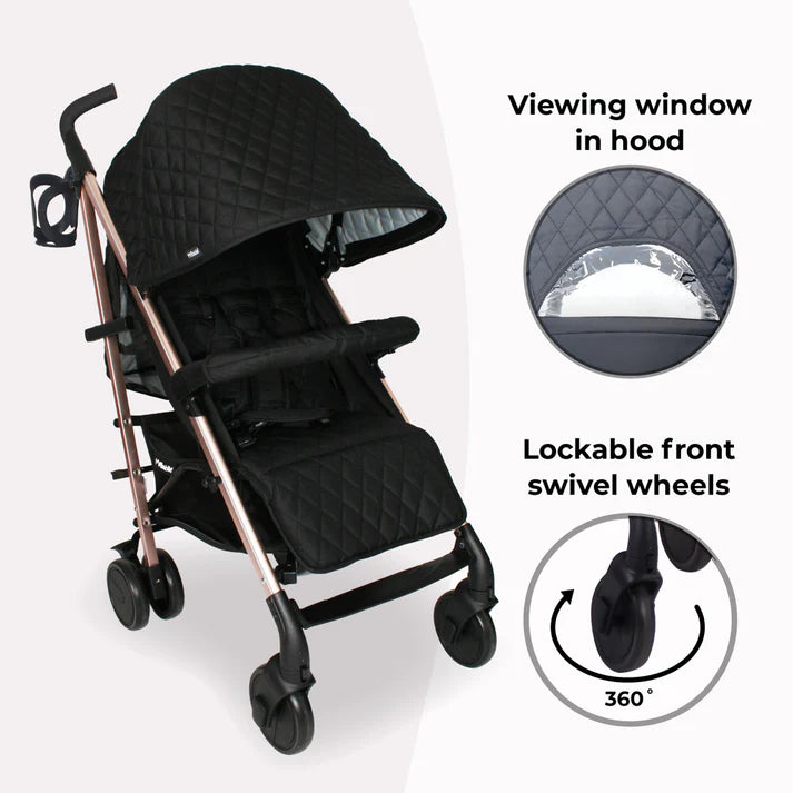 My Babiie MB51 Stroller Quilted Black featuring viewing window in hood and lockable front swivel wheels.