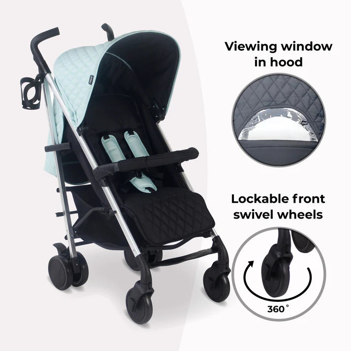 My Babiie MB51 Quilted Aqua Stroller with viewing window in hood and lockable front swivel wheels on a white background