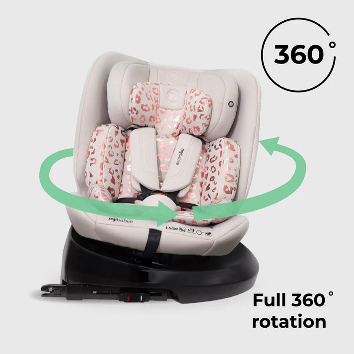 My Babiie MBCS200 Spin Seatin Pink Leopard 360-degree rotation feature on a light gray background