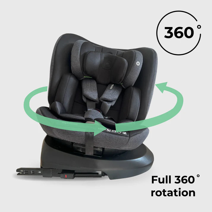My Babiie MBCS00 spin car seat in black with 360-degree rotation feature on a light gray background
