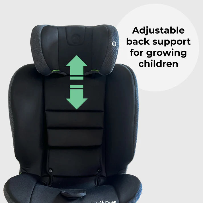 My Babiie MBCS00 spin car seat in black with adjustable back support feature on a white background