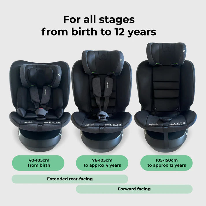 My Babiie MBCS00 spin car seat in black Three stages of child car seat with growth chart on a light gray background