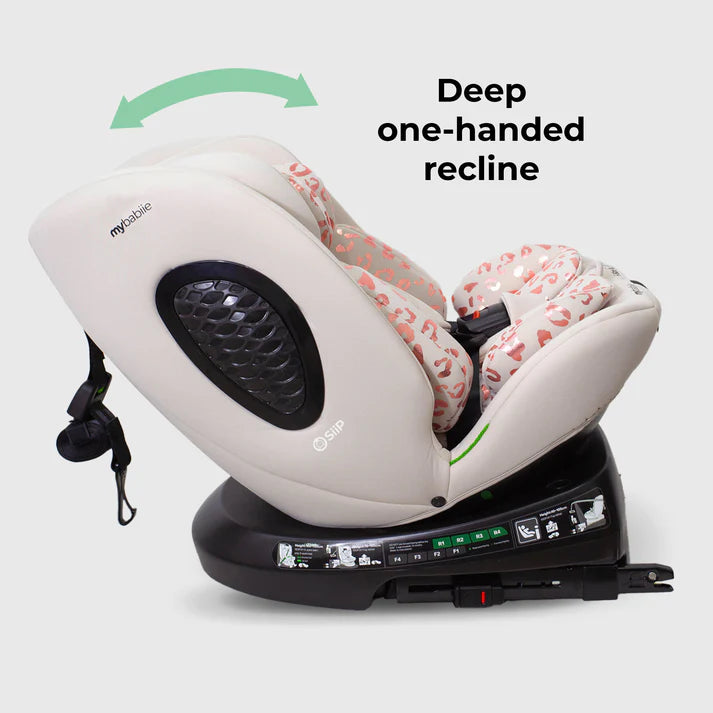 My Babiie MBCS200 Spin Seatin Pink Leopard one-handed recline feature on a white background