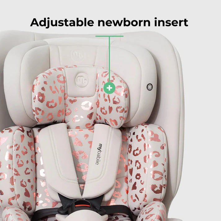 My Babiie MBCS200 Spin Seatin Pink Leopard with an adjustable newborn insert and pink leopard print pattern.