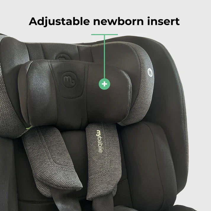 My Babiie MBCS00 spin car seat in black with adjustable newborn insert feature, showing the myplace brand.