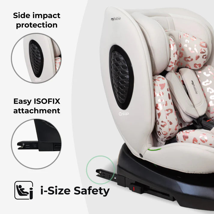 My Babiie MBCS200 Spin Seatin Pink Leopard with i-Size safety certification and attachment features on a white background