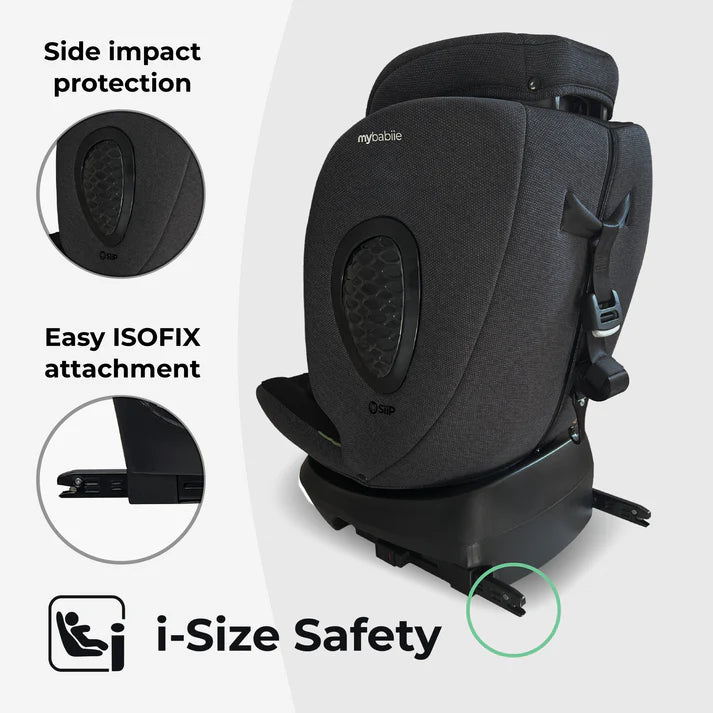 My Babiie MBCS00 spin car seat in black with i-Size safety certification and attachment features on a white background