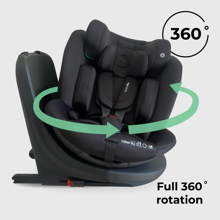 My Babiie MBCS300 Spin  in Black with full 360-degree rotation feature on a gray background