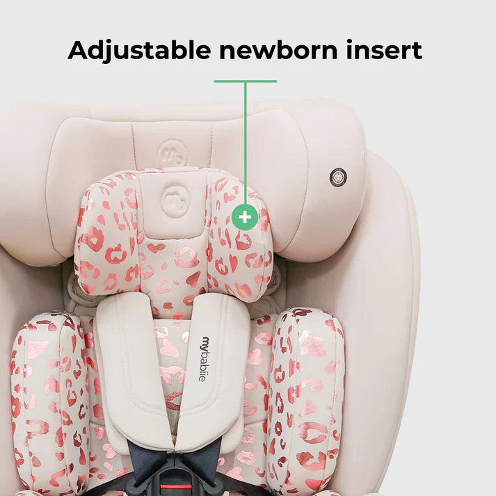 My Babiie MBCS300 360 Spin with pink leopard print adjustable newborn insert on a light gray background