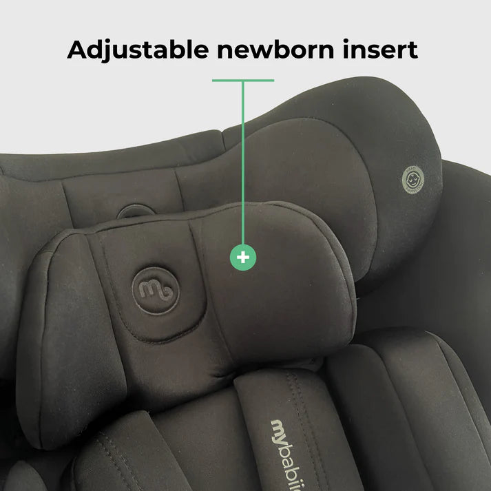 My Babiie MBCS300 Spin  in Black with adjustable newborn insert feature, showing brand logo.
