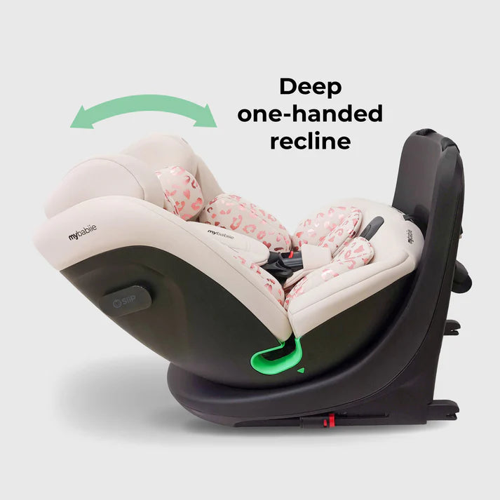 My Babiie MBCS300 360 Spin with deep one-handed recline feature on a light gray background