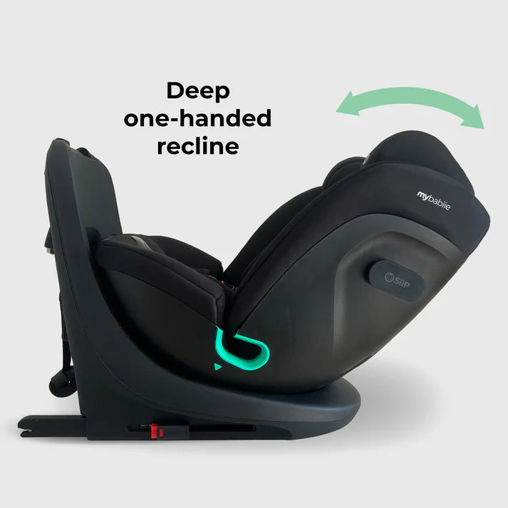 My Babiie MBCS300 Spin  in Black with deep one-handed recline feature on a light gray background