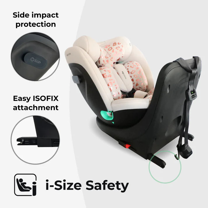 My Babiie MBCS300 360 Spin with i-Size Safety logo and features on a white background