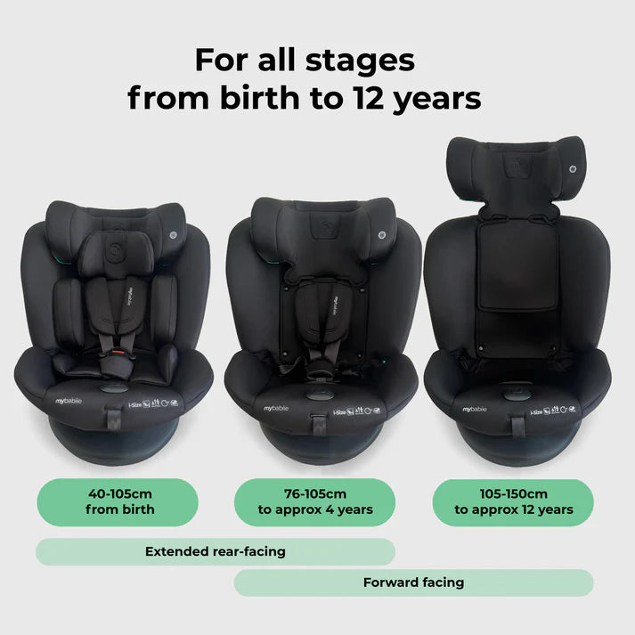 My Babiie MBCS300 Spin  in Black Three stages of a child car seat with growth chart.
