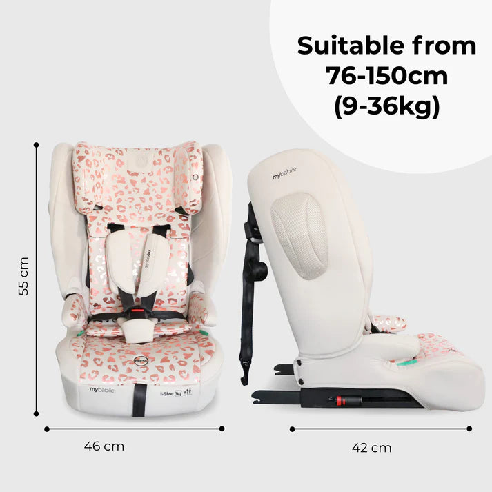 My Babiie MBCS80 i-size toddler to booster in Pink Leopard suitable from 76cm to 150cm