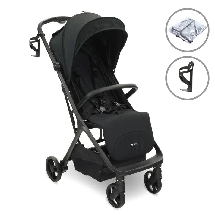My Babiie MBX7 auto-fold stroller in black with accessories