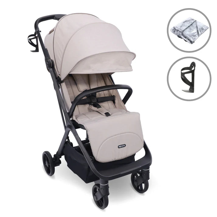 My Babiie MBX7 Auto-fold stroller in camel with accessories