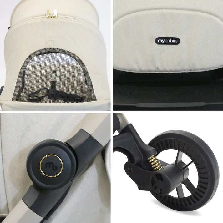 My Babiie MBX7 Auto-fold stroller in Ivory collage of features