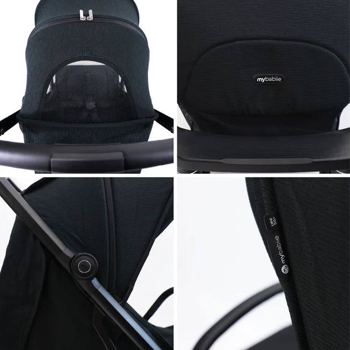 My Babiie MBX7 auto-fold stroller in black collage of features