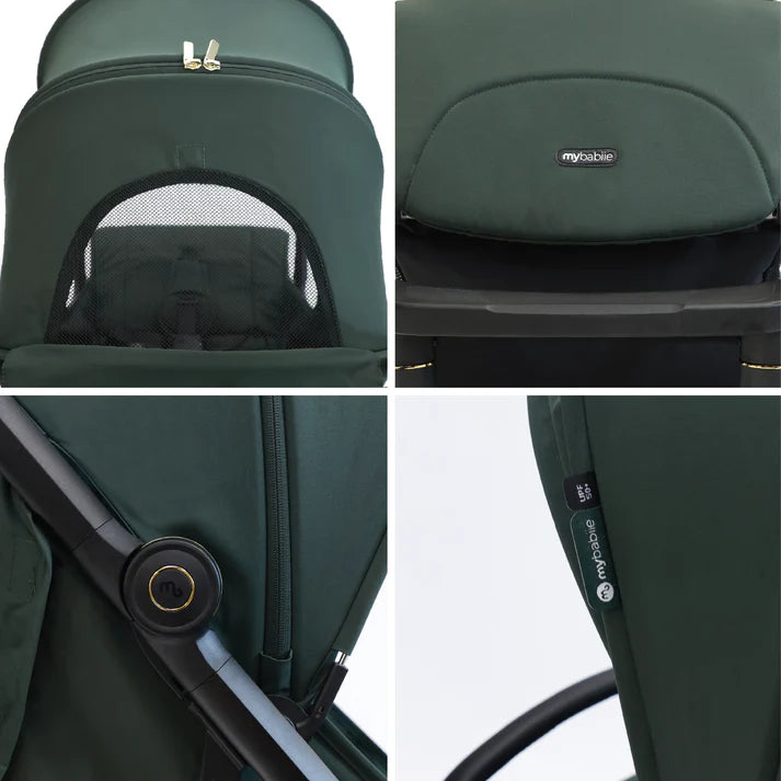 My Babiie MBX7 auto-fold stroller in forest green collage of features